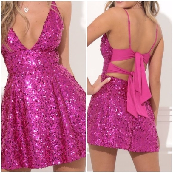 Lucy In The Sky Olivia Plunge Neck Tie Back Sequin Mini Dress in Light Pink - Picture 9 of 9